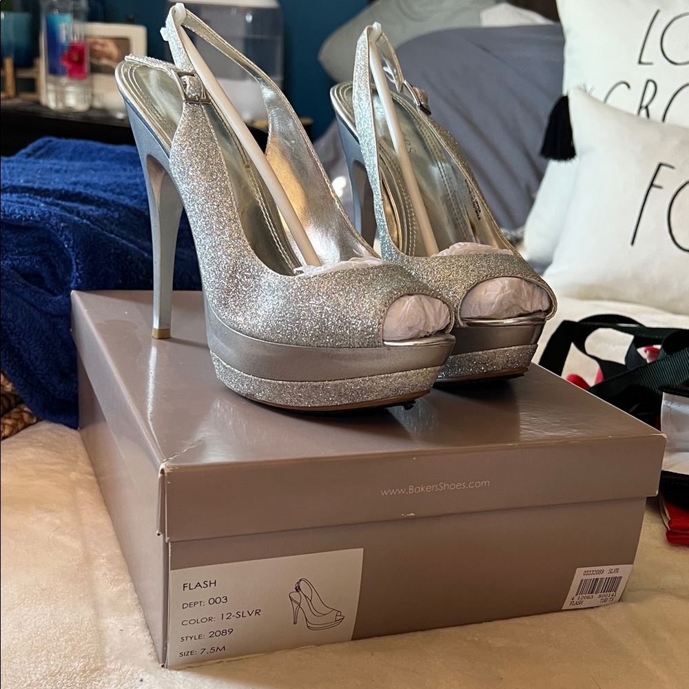 Bakers Sparkling Silver Peep-Toe Heels